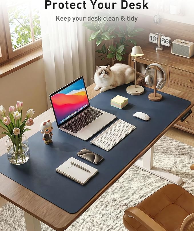 Aothia Faux Leather Desk Mat - Large Mouse Pad, Non - Slip PU Leather Blotter, Waterproof Writing Surface for Office and Home (Dark Blue, 40" x 24") | Desk Pads Blotters - TrueDesk