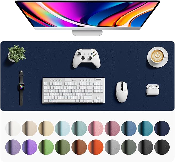 Aothia Faux Leather Desk Mat - Large Mouse Pad, Non - Slip PU Leather Blotter, Waterproof Writing Surface for Office and Home (Dark Blue, 42" x 17") | Desk Pads Blotters - TrueDesk