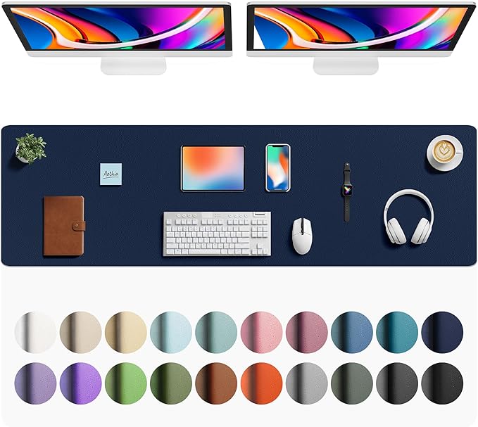 Aothia Faux Leather Desk Mat - Large Mouse Pad, Non - Slip PU Leather Blotter, Waterproof Writing Surface for Office and Home (Dark Blue, 63" x 17") | Desk Pads Blotters - TrueDesk