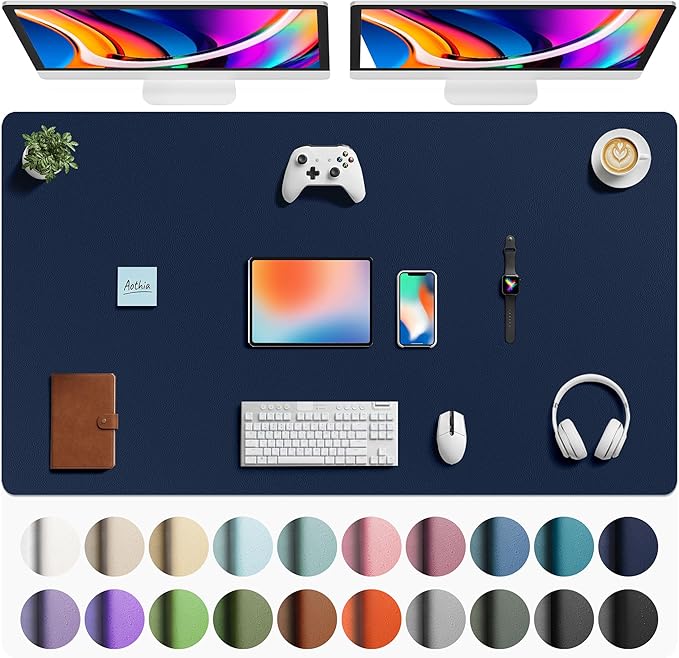 Aothia Faux Leather Desk Mat - Large Mouse Pad, Non - Slip PU Leather Blotter, Waterproof Writing Surface for Office and Home (Dark Blue, 63" x 24") | Desk Pads Blotters - TrueDesk
