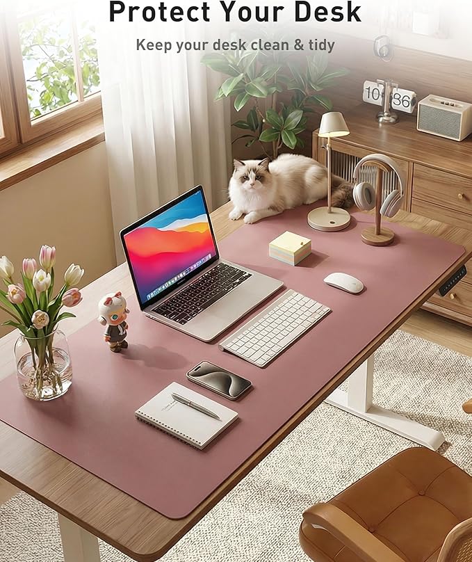 Aothia Faux Leather Desk Mat - Large Mouse Pad, Non - Slip PU Leather Blotter, Waterproof Writing Surface for Office and Home (Dark Pink, 63" x 17") | Desk Pads Blotters - TrueDesk