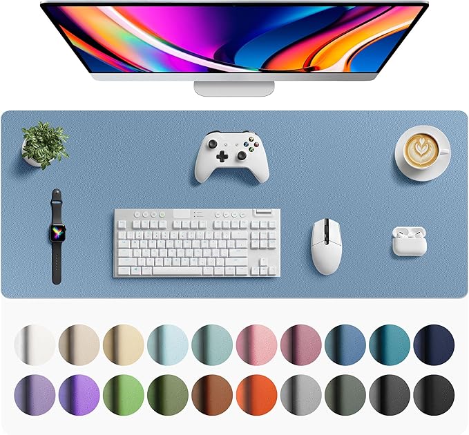 Aothia Faux Leather Desk Mat - Large Mouse Pad, Non - Slip PU Leather Blotter, Waterproof Writing Surface for Office and Home (Denim Blue, 42" x 17") | Desk Pads Blotters - TrueDesk