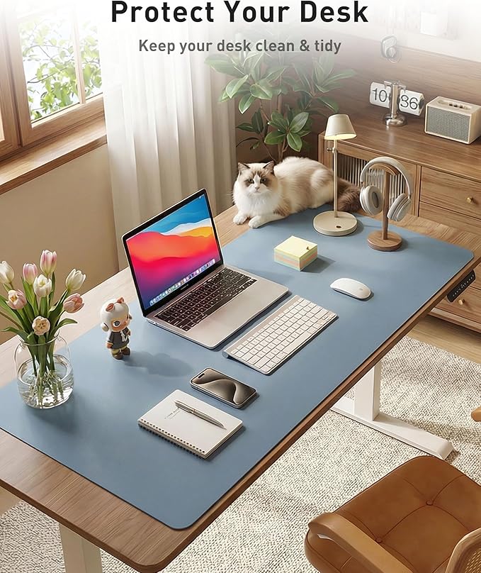 Aothia Faux Leather Desk Mat - Large Mouse Pad, Non - Slip PU Leather Blotter, Waterproof Writing Surface for Office and Home (Denim Blue, 42" x 17") | Desk Pads Blotters - TrueDesk