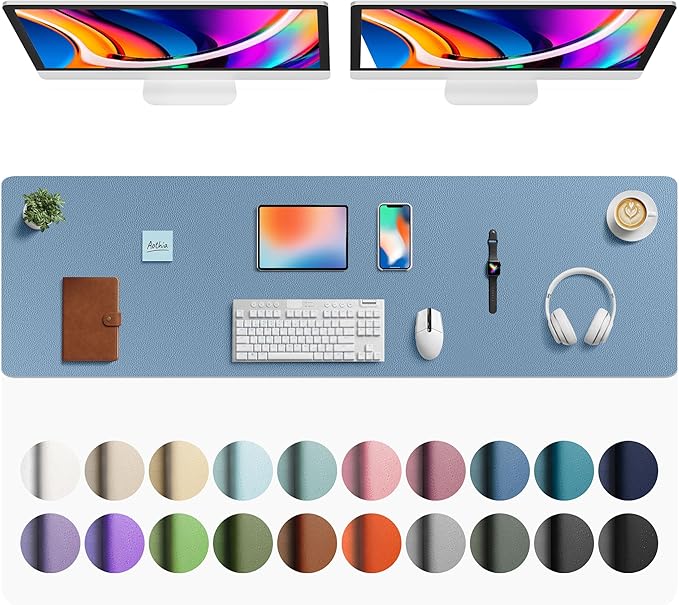 Aothia Faux Leather Desk Mat - Large Mouse Pad, Non - Slip PU Leather Blotter, Waterproof Writing Surface for Office and Home (Denim Blue, 63" x 17") | Desk Pads Blotters - TrueDesk