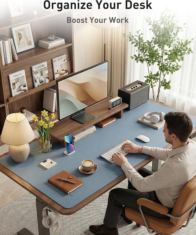 Aothia Faux Leather Desk Mat - Large Mouse Pad, Non - Slip PU Leather Blotter, Waterproof Writing Surface for Office and Home (Denim Blue, 63" x 17") | Desk Pads Blotters - TrueDesk