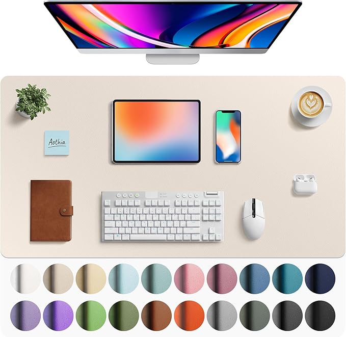 Aothia Faux Leather Desk Mat - Large Mouse Pad, Non - Slip PU Leather Blotter, Waterproof Writing Surface for Office and Home (Eggshell, 40" x 24") | Desk Pads Blotters - TrueDesk