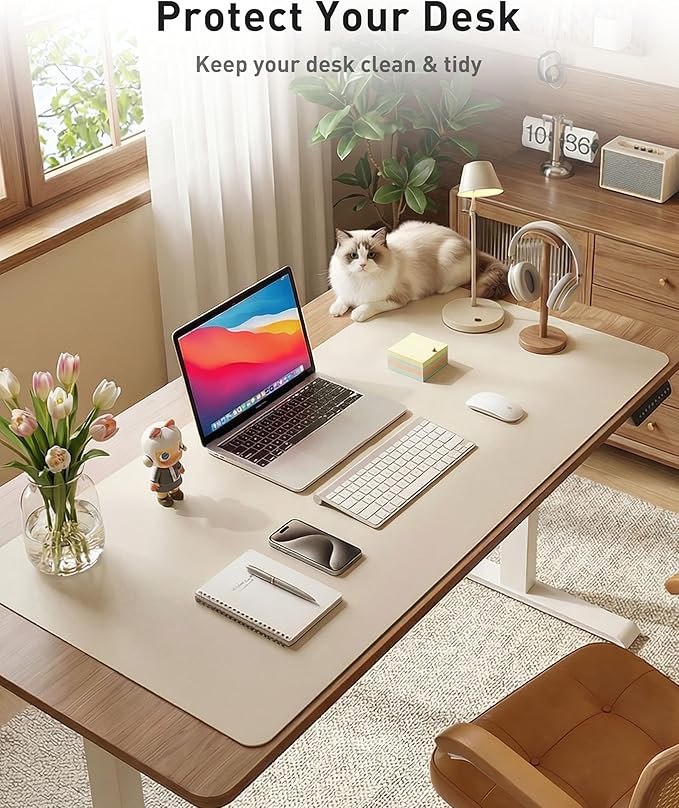 Aothia Faux Leather Desk Mat - Large Mouse Pad, Non - Slip PU Leather Blotter, Waterproof Writing Surface for Office and Home (Eggshell, 42" x 17") | Desk Pads Blotters - TrueDesk