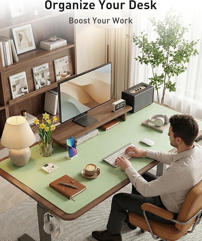 Aothia Faux Leather Desk Mat - Large Mouse Pad, Non - Slip PU Leather Blotter, Waterproof Writing Surface for Office and Home (Foam Green, 42" x 17") | Desk Pads Blotters - TrueDesk