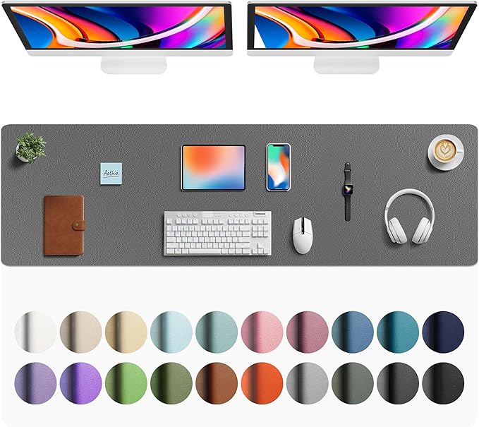 Aothia Faux Leather Desk Mat - Large Mouse Pad, Non - Slip PU Leather Blotter, Waterproof Writing Surface for Office and Home (Grey, 63" x 17") | Desk Pads Blotters - TrueDesk