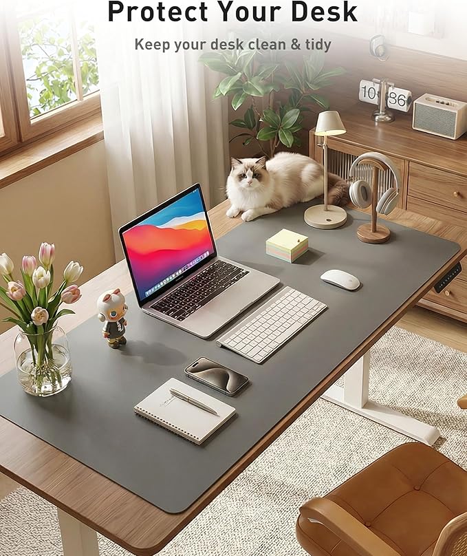 Aothia Faux Leather Desk Mat - Large Mouse Pad, Non - Slip PU Leather Blotter, Waterproof Writing Surface for Office and Home (Grey, 63" x 17") | Desk Pads Blotters - TrueDesk