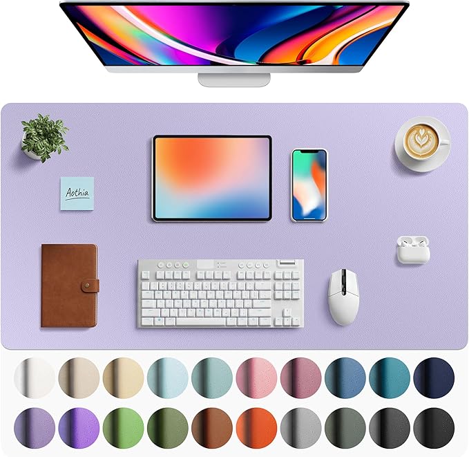Aothia Faux Leather Desk Mat - Large Mouse Pad, Non - Slip PU Leather Blotter, Waterproof Writing Surface for Office and Home (Lavender, 40" x 24") | Desk Pads Blotters - TrueDesk