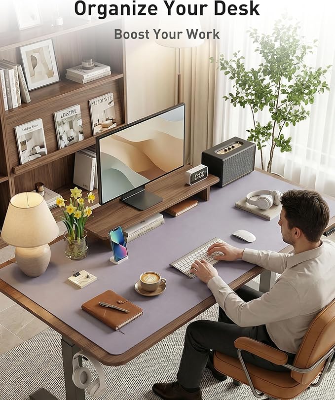 Aothia Faux Leather Desk Mat - Large Mouse Pad, Non - Slip PU Leather Blotter, Waterproof Writing Surface for Office and Home (Lavender, 42" x 17") | Desk Pads Blotters - TrueDesk