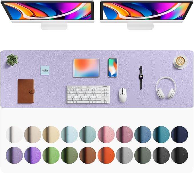 Aothia Faux Leather Desk Mat - Large Mouse Pad, Non - Slip PU Leather Blotter, Waterproof Writing Surface for Office and Home (Lavender, 63" x 17") | Desk Pads Blotters - TrueDesk