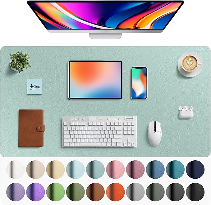 Aothia Faux Leather Desk Mat - Large Mouse Pad, Non - Slip PU Leather Blotter, Waterproof Writing Surface for Office and Home (Light Blue, 40" x 24") | Desk Pads Blotters - TrueDesk