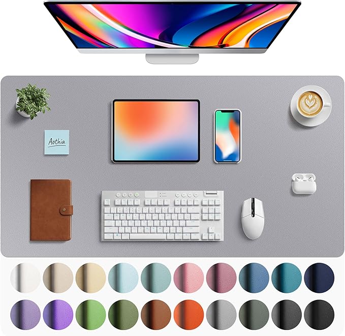 Aothia Faux Leather Desk Mat - Large Mouse Pad, Non - Slip PU Leather Blotter, Waterproof Writing Surface for Office and Home (Light Grey, 40" x 24") | Desk Pads Blotters - TrueDesk