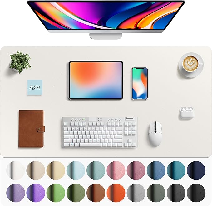 Aothia Faux Leather Desk Mat - Large Mouse Pad, Non - Slip PU Leather Blotter, Waterproof Writing Surface for Office and Home (Off - White, 40" x 24") | Desk Pads Blotters - TrueDesk