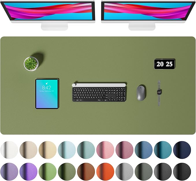 Aothia Faux Leather Desk Mat – Large Mouse Pad, Non - Slip PU Leather Blotter, Waterproof Writing Surface for Office and Home (Olive Green, 47.2" x 23.6") | Desk Pads Blotters - TrueDesk