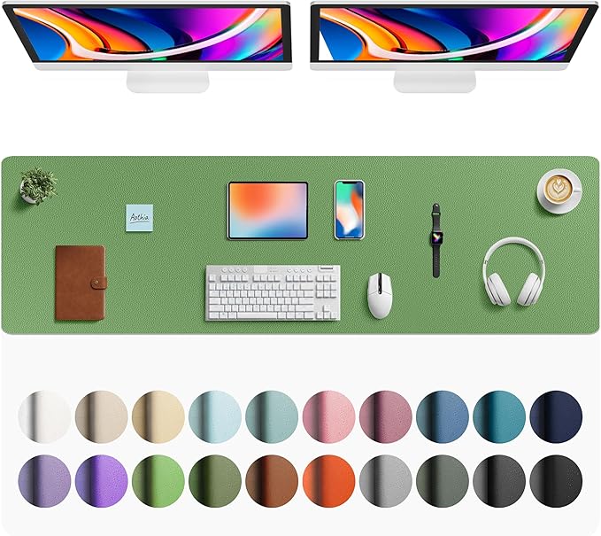 Aothia Faux Leather Desk Mat - Large Mouse Pad, Non - Slip PU Leather Blotter, Waterproof Writing Surface for Office and Home (Olive Green, 63" x 17") | Desk Pads Blotters - TrueDesk