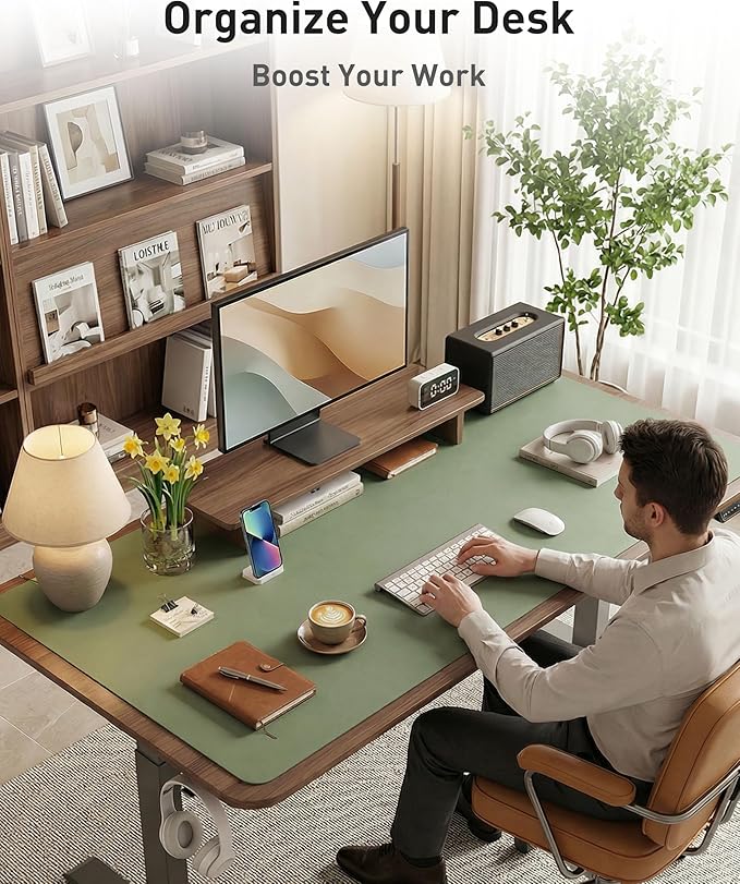 Aothia Faux Leather Desk Mat - Large Mouse Pad, Non - Slip PU Leather Blotter, Waterproof Writing Surface for Office and Home (Olive Green, 63" x 24") | Desk Pads Blotters - TrueDesk