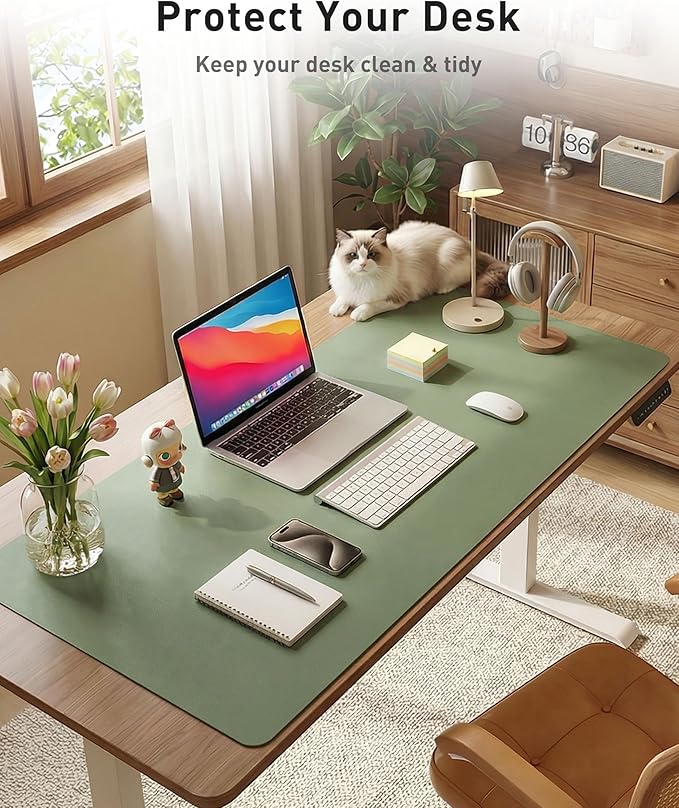 Aothia Faux Leather Desk Mat - Large Mouse Pad, Non - Slip PU Leather Blotter, Waterproof Writing Surface for Office and Home (Olive Green, 63" x 24") | Desk Pads Blotters - TrueDesk