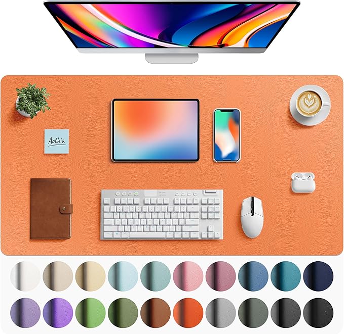 Aothia Faux Leather Desk Mat - Large Mouse Pad, Non - Slip PU Leather Blotter, Waterproof Writing Surface for Office and Home (Orange, 40" x 24") | Desk Pads Blotters - TrueDesk