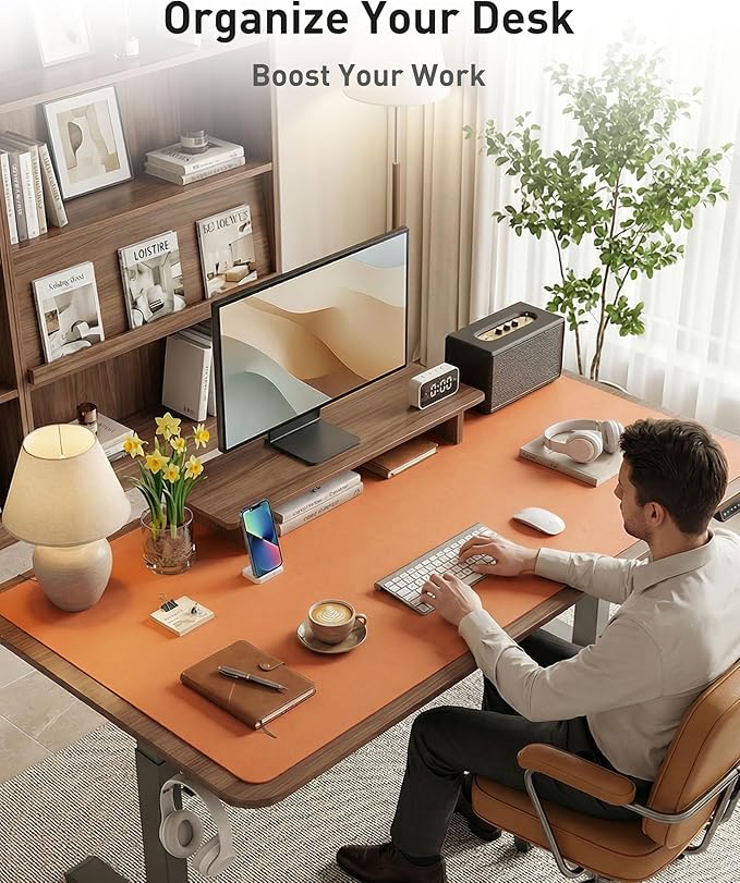 Aothia Faux Leather Desk Mat - Large Mouse Pad, Non - Slip PU Leather Blotter, Waterproof Writing Surface for Office and Home (Orange, 42" x 17") | Desk Pads Blotters - TrueDesk