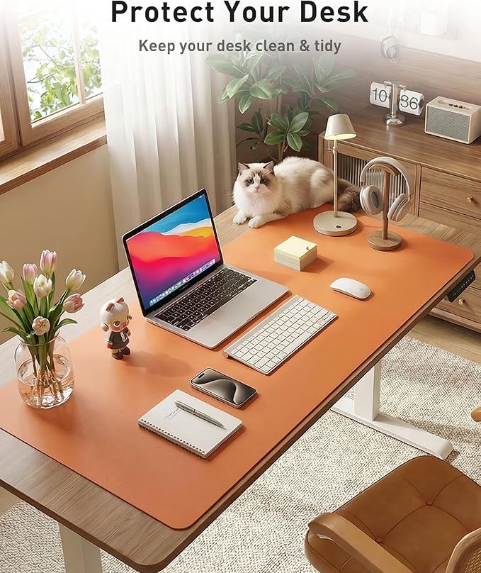 Aothia Faux Leather Desk Mat - Large Mouse Pad, Non - Slip PU Leather Blotter, Waterproof Writing Surface for Office and Home (Orange, 42" x 17") | Desk Pads Blotters - TrueDesk
