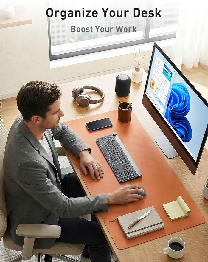 Aothia Faux Leather Desk Mat - Large Mouse Pad, Non - Slip PU Leather Blotter, Waterproof Writing Surface for Office and Home (Orange, 55" x 17") | Desk Pads Blotters - TrueDesk