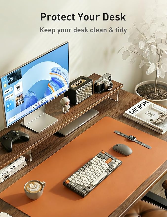 Aothia Faux Leather Desk Mat - Large Mouse Pad, Non - Slip PU Leather Blotter, Waterproof Writing Surface for Office and Home (Orange, 55" x 17") | Desk Pads Blotters - TrueDesk