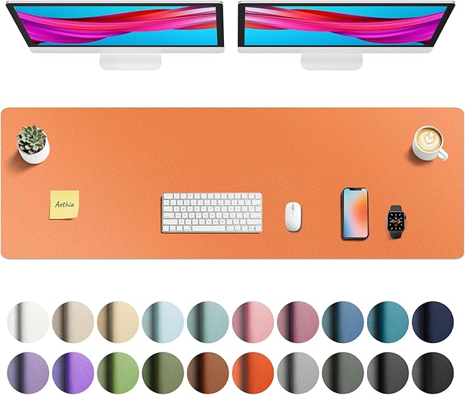 Aothia Faux Leather Desk Mat - Large Mouse Pad, Non - Slip PU Leather Blotter, Waterproof Writing Surface for Office and Home (Orange, 55" x 17") | Desk Pads Blotters - TrueDesk