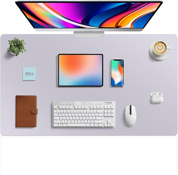Aothia Faux Leather Desk Mat - Large Mouse Pad, Non - Slip PU Leather Blotter, Waterproof Writing Surface for Office and Home (Smoky Lavender, 40" x 24") | Desk Pads Blotters - TrueDesk