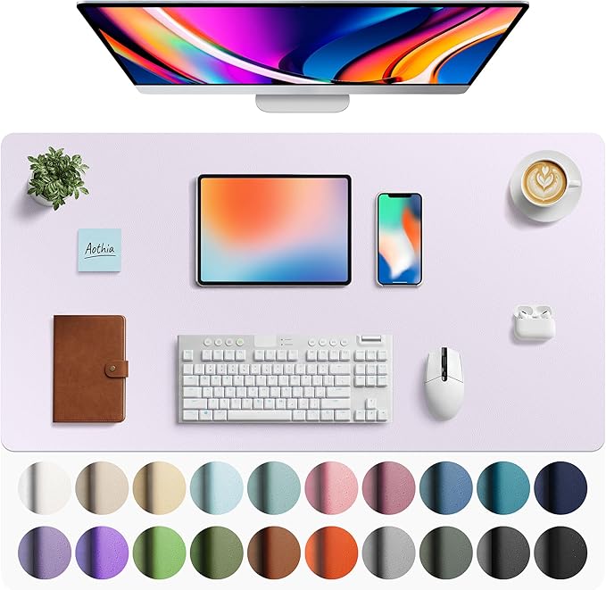 Aothia Faux Leather Desk Mat - Large Mouse Pad, Non - Slip PU Leather Blotter, Waterproof Writing Surface for Office and Home (Soft Lavender, 40" x 24") | Desk Pads Blotters - TrueDesk