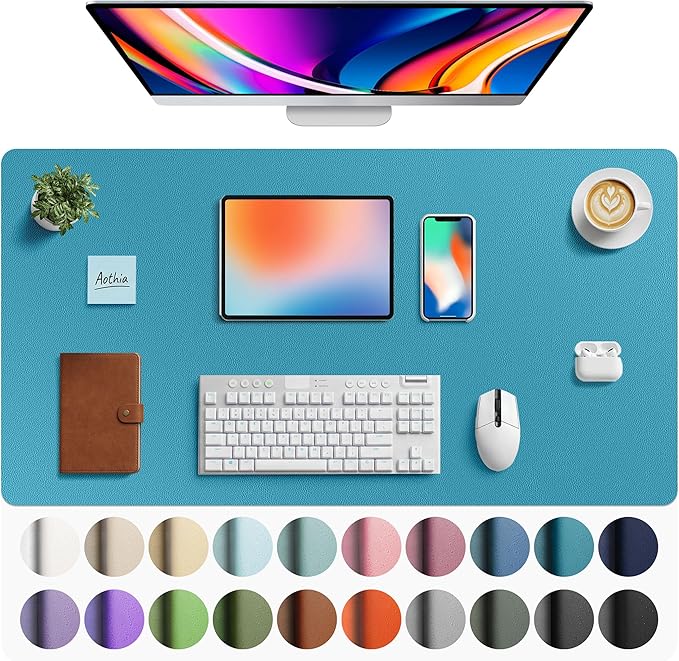 Aothia Faux Leather Desk Mat - Large Mouse Pad, Non - Slip PU Leather Blotter, Waterproof Writing Surface for Office and Home (Turquoise, 40" x 24") | Desk Pads Blotters - TrueDesk
