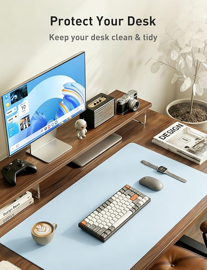 Aothia Faux Leather Desk Mat - Non - Slip PU Leather Desk Blotter, Waterproof Writing Surface, Large Desk Pad for Office & Home (Baby Blue, 55" x 17") | Desk Pads Blotters - TrueDesk