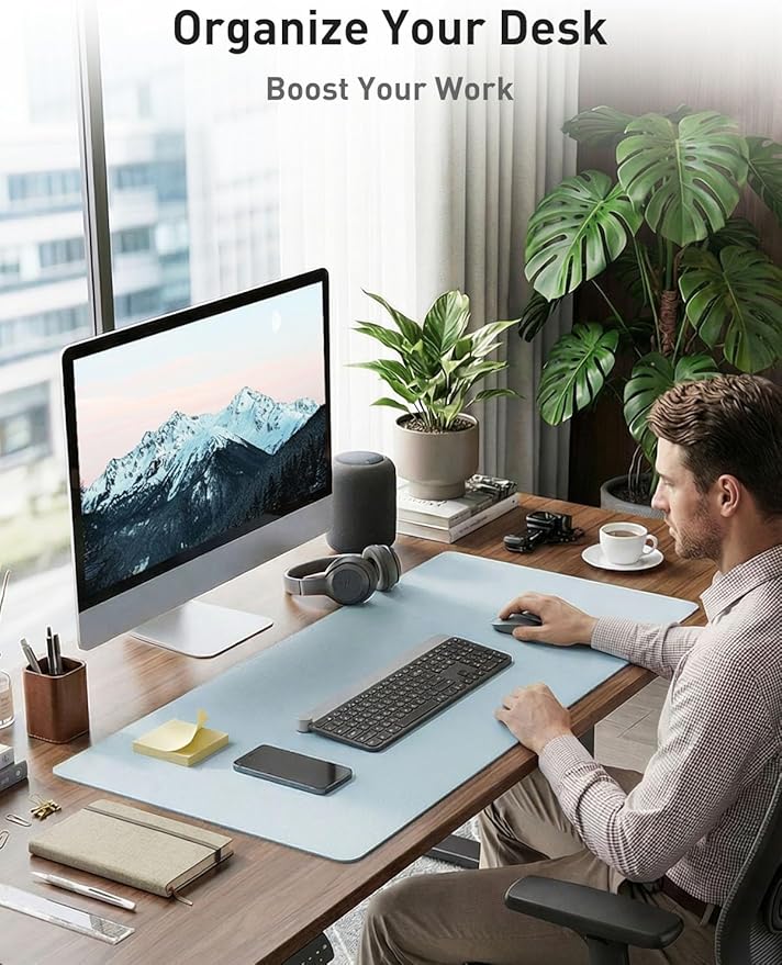 Aothia Faux Leather Desk Mat - Non - Slip PU Leather Desk Blotter, Waterproof Writing Surface, Large Desk Pad for Office & Home (Baby Blue, 55" x 17") | Desk Pads Blotters - TrueDesk