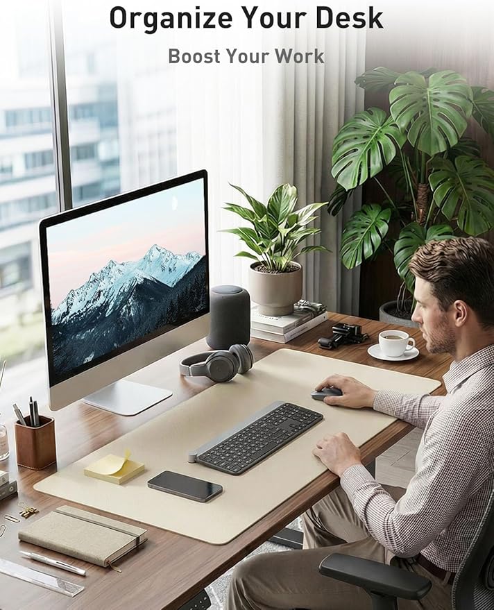 Aothia Faux Leather Desk Mat - Non - Slip PU Leather Desk Blotter, Waterproof Writing Surface, Large Desk Pad for Office & Home (Beige, 55" x 17") | Desk Pads Blotters - TrueDesk