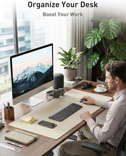Aothia Faux Leather Desk Mat - Non - Slip PU Leather Desk Blotter, Waterproof Writing Surface, Large Desk Pad for Office & Home (Beige, 55" x 17") | Desk Pads Blotters - TrueDesk