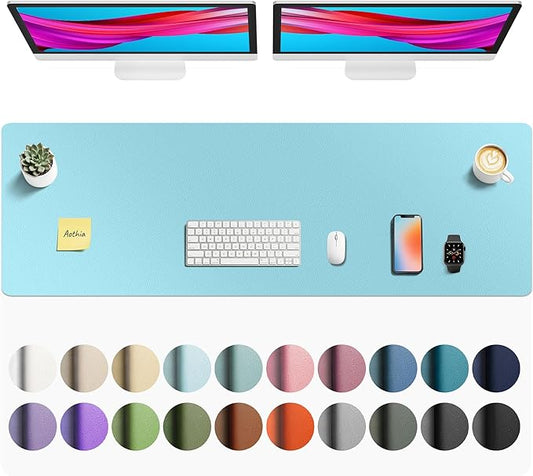 Aothia Faux Leather Desk Mat - Non - Slip PU Leather Desk Blotter, Waterproof Writing Surface, Large Desk Pad for Office & Home (Blue Topaz, 55" x 17") | Desk Pads Blotters - TrueDesk
