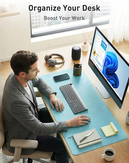 Aothia Faux Leather Desk Mat - Non - Slip PU Leather Desk Blotter, Waterproof Writing Surface, Large Desk Pad for Office & Home (Blue Topaz, 55" x 24") | Desk Pads Blotters - TrueDesk
