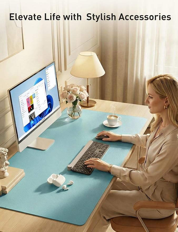 Aothia Faux Leather Desk Mat - Non - Slip PU Leather Desk Blotter, Waterproof Writing Surface, Large Desk Pad for Office & Home (Blue Topaz, 55" x 24") | Desk Pads Blotters - TrueDesk