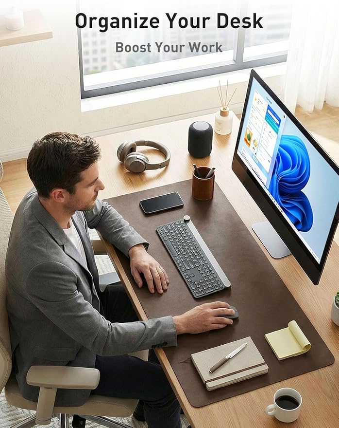 Aothia Faux Leather Desk Mat - Non - Slip PU Leather Desk Blotter, Waterproof Writing Surface, Large Desk Pad for Office & Home (Coffee, 55" x 17") | Desk Pads Blotters - TrueDesk