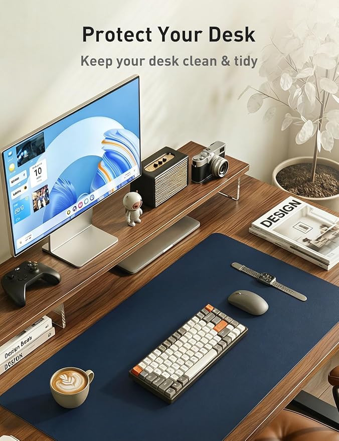 Aothia Faux Leather Desk Mat - Non - Slip PU Leather Desk Blotter, Waterproof Writing Surface, Large Desk Pad for Office & Home (Dark Blue, 55" x 17") | Desk Pads Blotters - TrueDesk