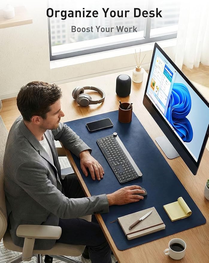 Aothia Faux Leather Desk Mat - Non - Slip PU Leather Desk Blotter, Waterproof Writing Surface, Large Desk Pad for Office & Home (Dark Blue, 55" x 17") | Desk Pads Blotters - TrueDesk