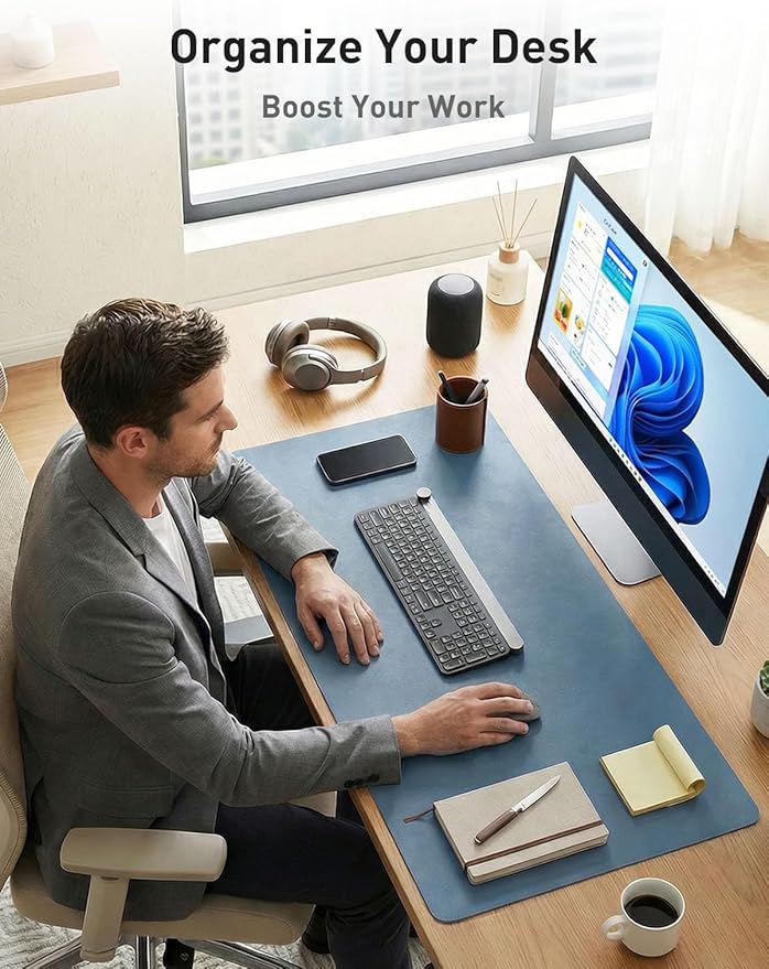 Aothia Faux Leather Desk Mat - Non - Slip PU Leather Desk Blotter, Waterproof Writing Surface, Large Desk Pad for Office & Home (Denim Blue, 55" x 17") | Desk Pads Blotters - TrueDesk
