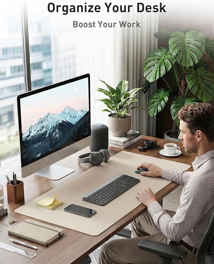 Aothia Faux Leather Desk Mat - Non - Slip PU Leather Desk Blotter, Waterproof Writing Surface, Large Desk Pad for Office & Home (Eggshell, 55" x 17") | Desk Pads Blotters - TrueDesk