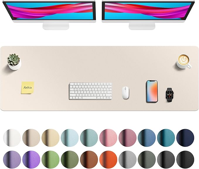 Aothia Faux Leather Desk Mat - Non - Slip PU Leather Desk Blotter, Waterproof Writing Surface, Large Desk Pad for Office & Home (Eggshell, 55" x 17") | Desk Pads Blotters - TrueDesk