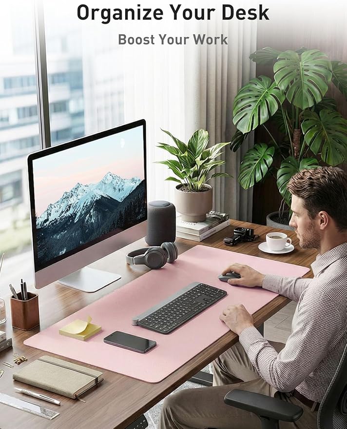 Aothia Faux Leather Desk Mat - Non - Slip PU Leather Desk Blotter, Waterproof Writing Surface, Large Desk Pad for Office & Home (Fairy Pink, 55" x 17") | Desk Pads Blotters - TrueDesk