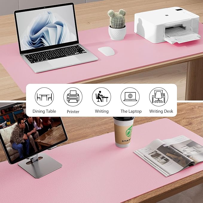 Aothia Faux Leather Desk Mat - Non - Slip PU Leather Desk Blotter, Waterproof Writing Surface, Large Desk Pad for Office & Home (Fairy Pink, 55" x 17") | Desk Pads Blotters - TrueDesk