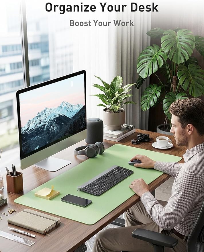Aothia Faux Leather Desk Mat - Non - Slip PU Leather Desk Blotter, Waterproof Writing Surface, Large Desk Pad for Office & Home (Foam Green, 55" x 17") | Desk Pads Blotters - TrueDesk
