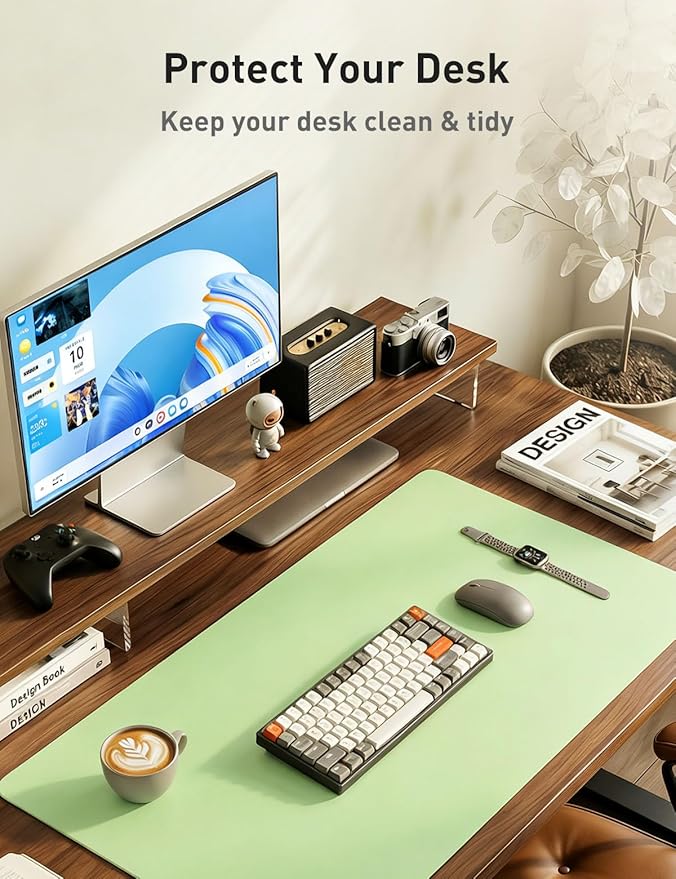 Aothia Faux Leather Desk Mat - Non - Slip PU Leather Desk Blotter, Waterproof Writing Surface, Large Desk Pad for Office & Home (Foam Green, 55" x 24") | Desk Pads Blotters - TrueDesk